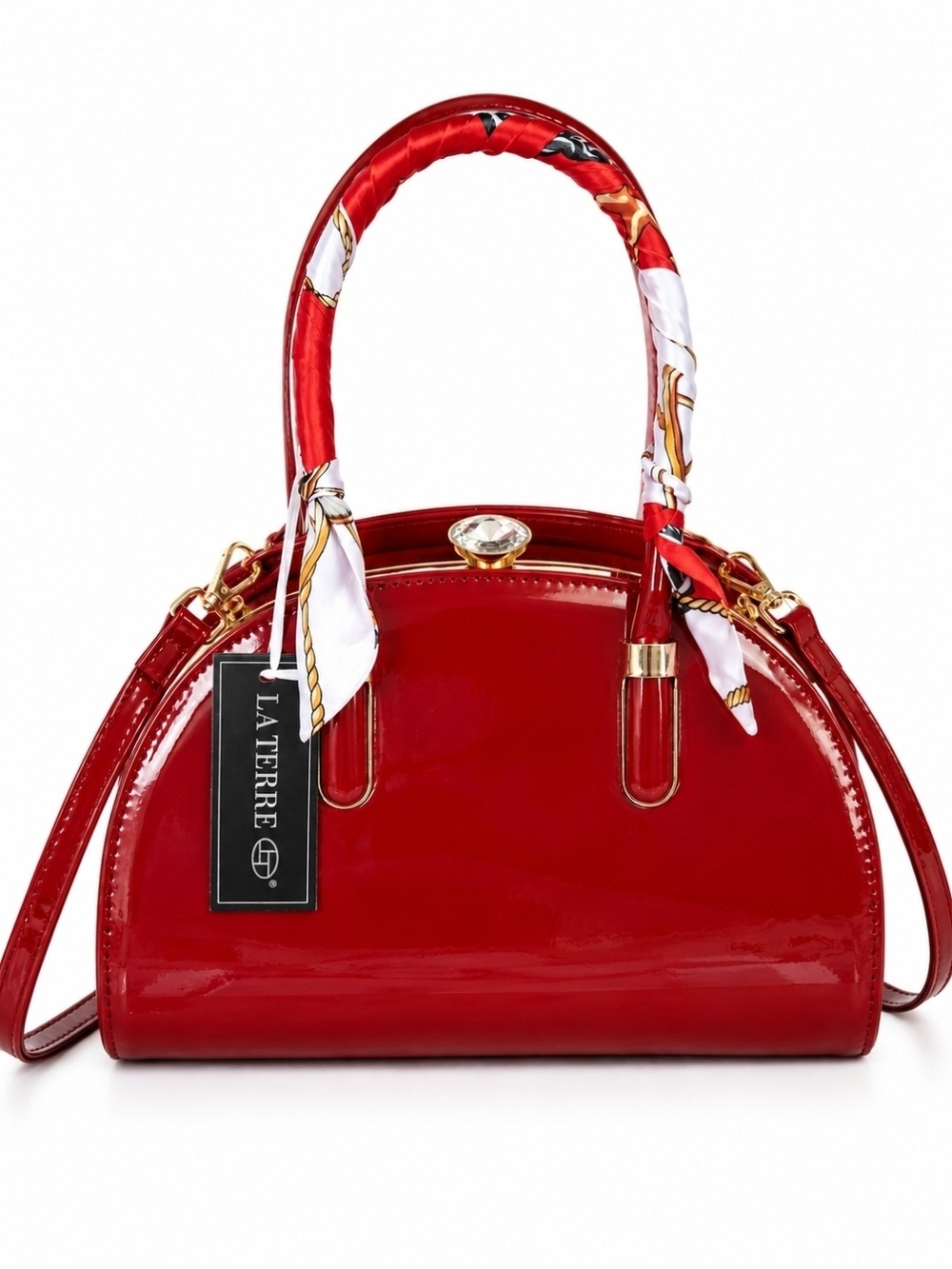 La Terre Red Patent Leather Satchel Purse Top Handle Crossbody Handbag Glam